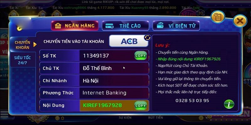 Cách nạp tiền chơi tài xỉu qua ngân hàng phổ biến nhất