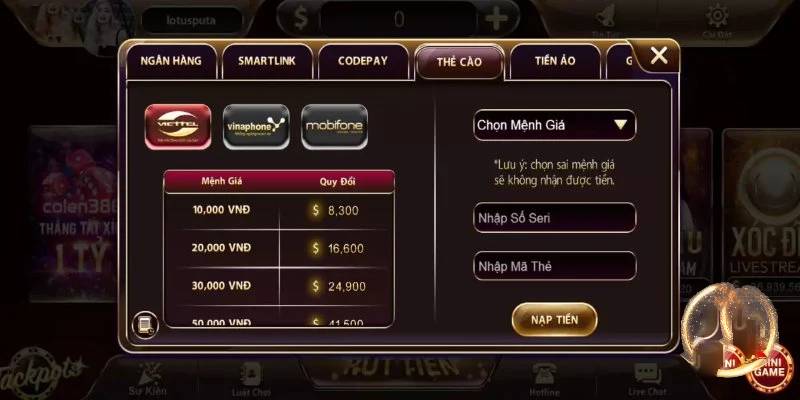 Nạp tiền qua thẻ cào điện thoại tại nhà cái tài xỉu đơn giản, nhanh gọn